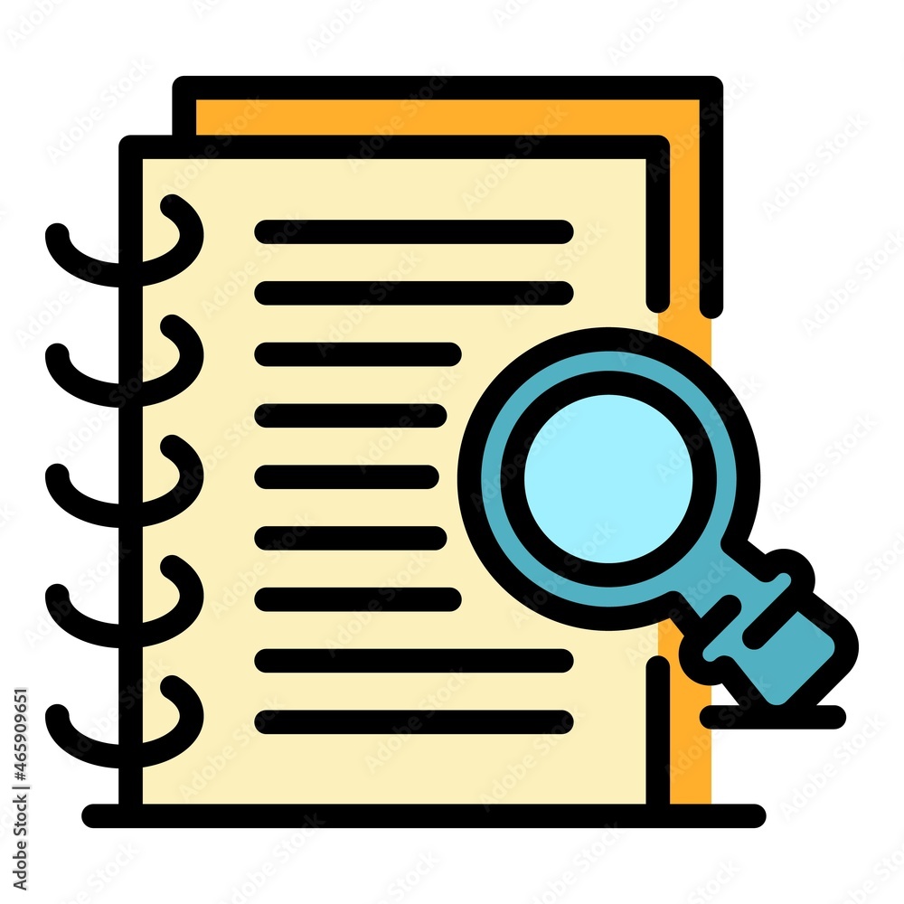 Poster notepad and magnifier icon. outline notepad and magnifier vector icon color flat isolated