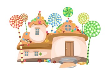 Naklejka premium Honey life. Sweet caramel fairy house with lollipop trees. Illustration in cartoon style flat design. Picture for children isolated on white background. Vector