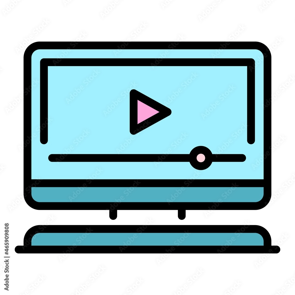 Poster video player on computer icon. outline video player on computer vector icon color flat isolated