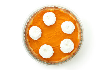 Pumpkin pie isolated on white background, top view