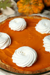 Concept of tasty food with pumpkin pie, close up