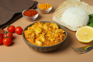 Concept of tasty food with chicken tikka on beige ​background