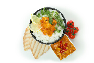 Concept of tasty food with chicken tikka isolated on white background