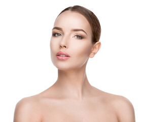 Fototapeta premium Beautiful Young Woman with Clean Fresh Skin isolated on white background
