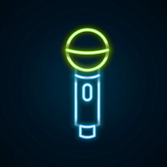 Glowing neon line Microphone icon isolated on black background. On air radio mic microphone. Speaker sign. Colorful outline concept. Vector