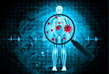 Magnifying glass showing virus cells or bacteria in the human body. 3d illustration