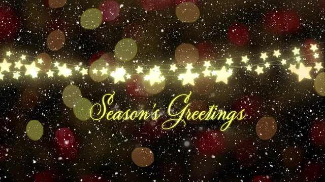 Animation of seasons greetings text at christmas over stars and snow falling