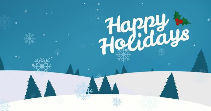 Animation of happy holidays text at christmas over snow falling