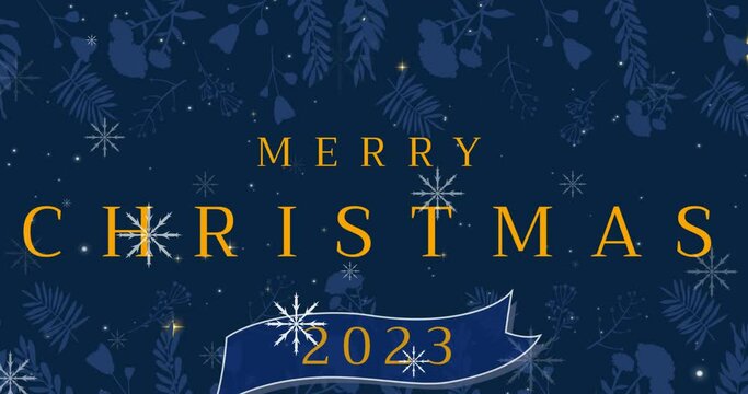 Animation of merry christmas text over leaves and snow falling