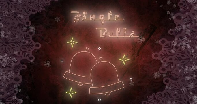 Animation of jingle bells text at christmas over bells and snow pattern