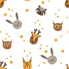 Cute animals, baby seamless hand drawn pattern. Digital paper depicting deer, squirrel, owl and raccoon.  Decoration for the nursery.	 