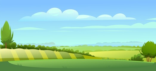 Rural landscape. Horizontal village nature illustration. Cute country hills. Foggy horizon with garden hills with beds. Flat style. Vector