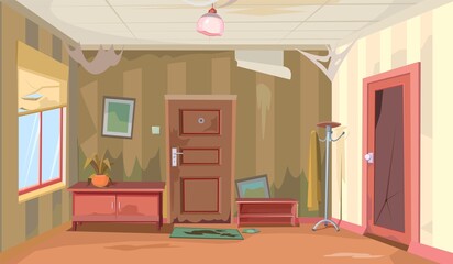 Ruined hallway to the home. Abandoned house. Old non residential premises. Repair required. Door and window. Furniture in the interior. Illustration cartoon style flat design. Vector