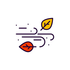 Autumn wind blowing falling leaves. Pixel perfect, editable stroke line art colorful icon