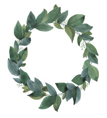 watercolour wreath of green leaves. For postcards, wedding invitations, etc.