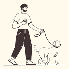 Young man walking with his cute dog. Happy pet owner. Adorable labrador retriever. Flat vector illustration. Sketch style.