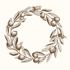 Botanical wreath with olives and leaves isolated on white background. Fresh and organic mediterranean plant. Healthy and beneficial food. Hand drawn vector illustration. Sketch style. 