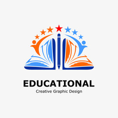 logo symbol for education. book icon, pencil, student icon and star. education vector logo template.