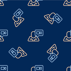 Line Video chat conference icon isolated seamless pattern on blue background. Online meeting work form home. Remote project management. Vector