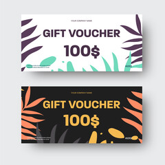 Vector gift voucher template, certificate with tropical leaves, palms, monsters, abstract elements.