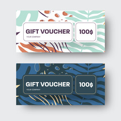 Vector greeting card template with tropical design, abstract linear elements on white, black background.