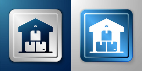 White Full warehouse icon isolated on blue and grey background. Silver and blue square button. Vector