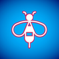 White Bee icon isolated on blue background. Sweet natural food. Honeybee or apis with wings symbol. Flying insect. Vector
