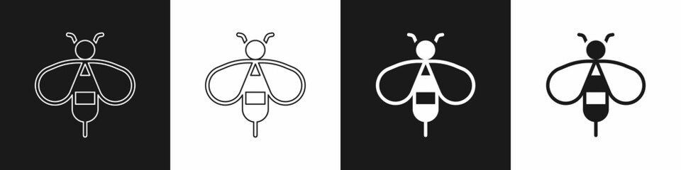 Set Bee icon isolated on black and white background. Sweet natural food. Honeybee or apis with wings symbol. Flying insect. Vector