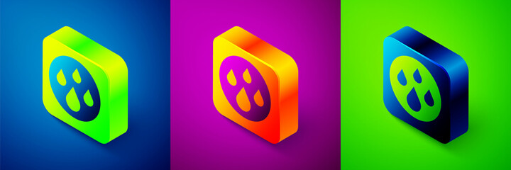 Isometric Water drop icon isolated on blue, purple and green background. Square button. Vector