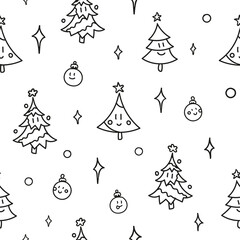 Seamless background with Christmas trees. Cartoon trees and balls in black outline on a white background. Vector illustration