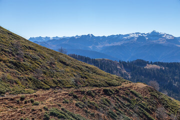Beautiful panorama of the Caucasus mountains on a sunny autumn day