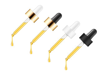 Pipette mockups for dropper bottle isolated on white background. Vector illustration. Front view. Сan be used for cosmetic, medical and other needs. EPS10.	