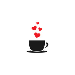 coffee or tea cup with red flying hearts. Mug with tea or coffee icon flat.