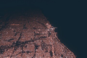Chicago aerial view at night. Top view on modern city with street lights
