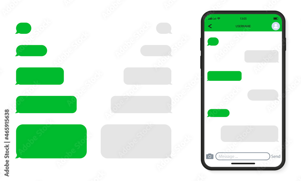 Poster template of messenger chat in mobile phone. mockup of smartphone and empty talk speech bubble icon. 