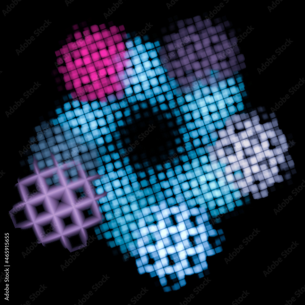 Poster disks of blue and magenta are divided into cells and are located on a blue mesh circle against a bla