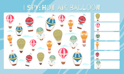 I spy game. Childrens educational fun. Count how many hot air balloons. Cartoon aircraft, vintage balloons and airship. Vector template for preschool games. Education task sheet