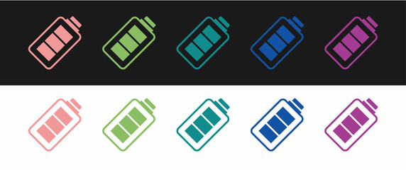 Set Battery charge level indicator icon isolated on black and white background. Vector