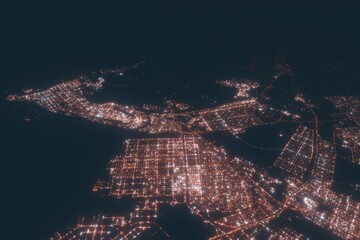 Abu Dhabi aerial view at night. Top view on modern city with street lights