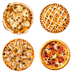Set of different pizzas collage isolated on white background