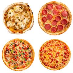 Set of different pizzas collage isolated on white background