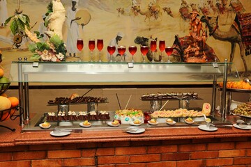 Dessert dishes on a buffet in a hotel restaurant in Egypt