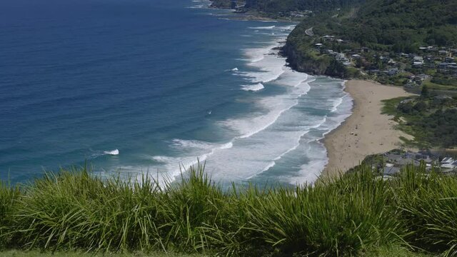 beach and grass from a cliff. waves crashing. 