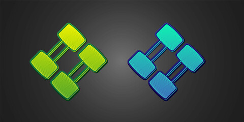 Green and blue Dumbbell icon isolated on black background. Muscle lifting, fitness barbell, sports equipment. Vector
