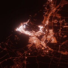 Abu Dhabi city lights map, top view from space. Aerial view on night street lights. Global networking, cyberspace