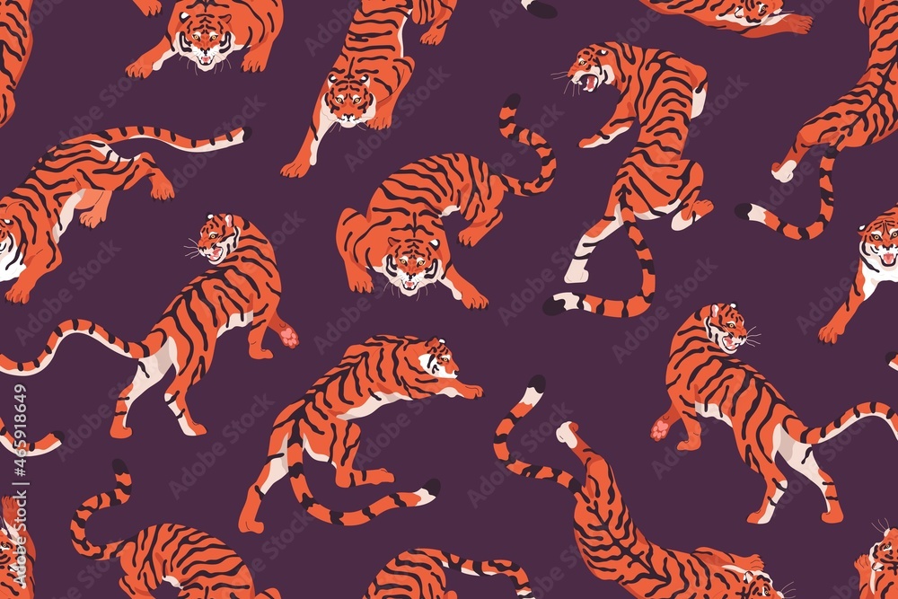 Poster Tiger pattern. Seamless repeating background with endless print of wild feline animal in different poses. Chinese texture design for wrapping and decoration. Printable colored flat vector illustration