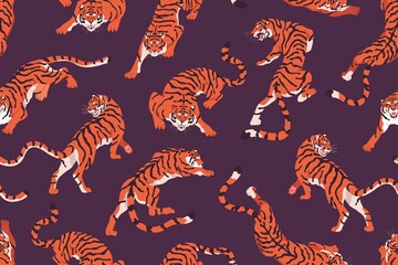 Tiger pattern. Seamless repeating background with endless print of wild feline animal in different poses. Chinese texture design for wrapping and decoration. Printable colored flat vector illustration