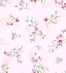 arrangement of flowers drawn by a line and blot against a pink-beige color background artwork for tattoo, fabrics, souvenirs, packaging, greeting cards and scrapbooking