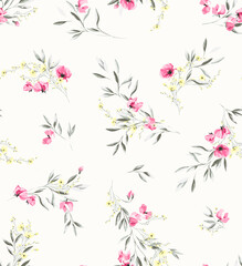 arrangement of flowers drawn by a line and blot against a pink-beige color background artwork for tattoo, fabrics, souvenirs, packaging, greeting cards and scrapbooking