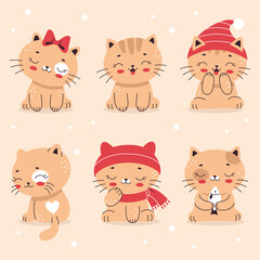 Set of Cute little cats in cartoon flat style. Home pet, kitten. Vector illustration for nursery, print on textiles, cards, clothes.